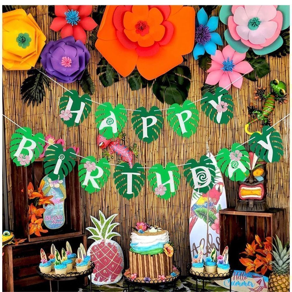 NEW Tropical Birthday Party Decorations Glitter Hawaiian Banner Luau Hawaii
